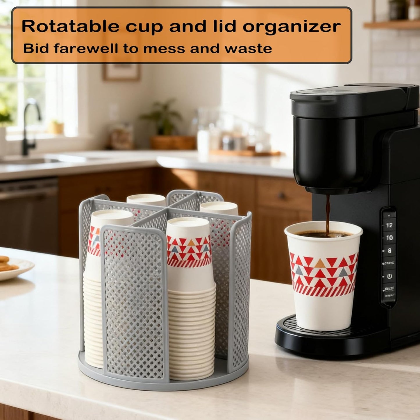 Dispensador giratorio de tazas de café con 4 compartimentos gris