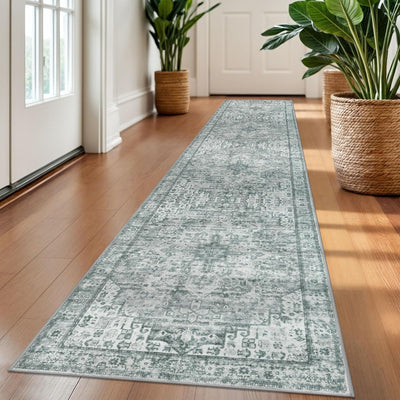 Alfombra pasillo 2x10ft color verde marfil antideslizante vintage