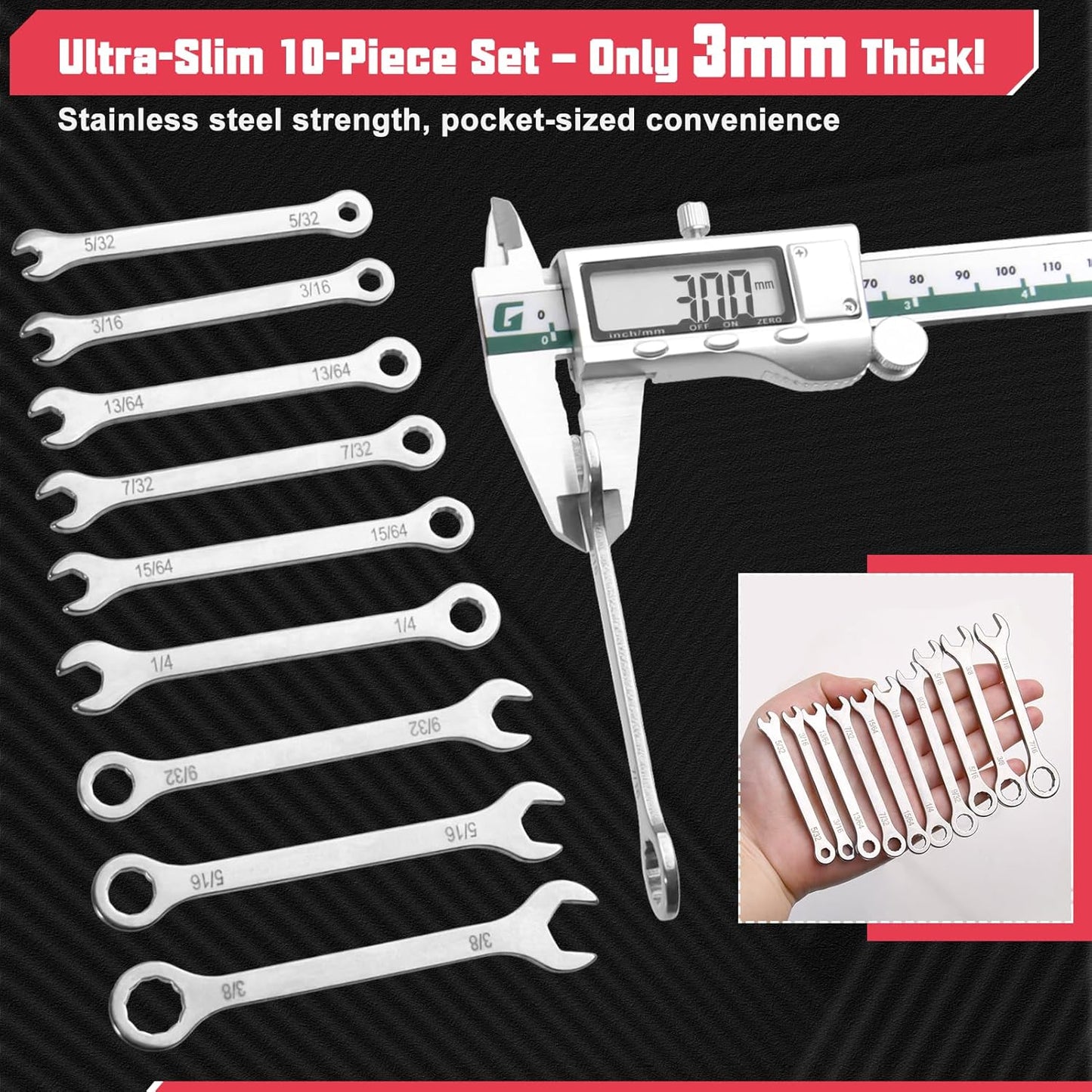 Set 10 Llaves SAE Ultrafinas Acero Inox 5/32-7/16