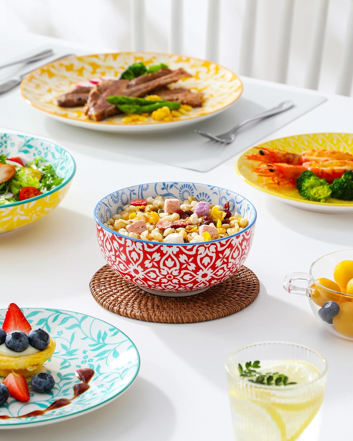 Set 24 Pzas Comida y 6 Pzas Cuencos Pasta 8.5pulg Porcelana