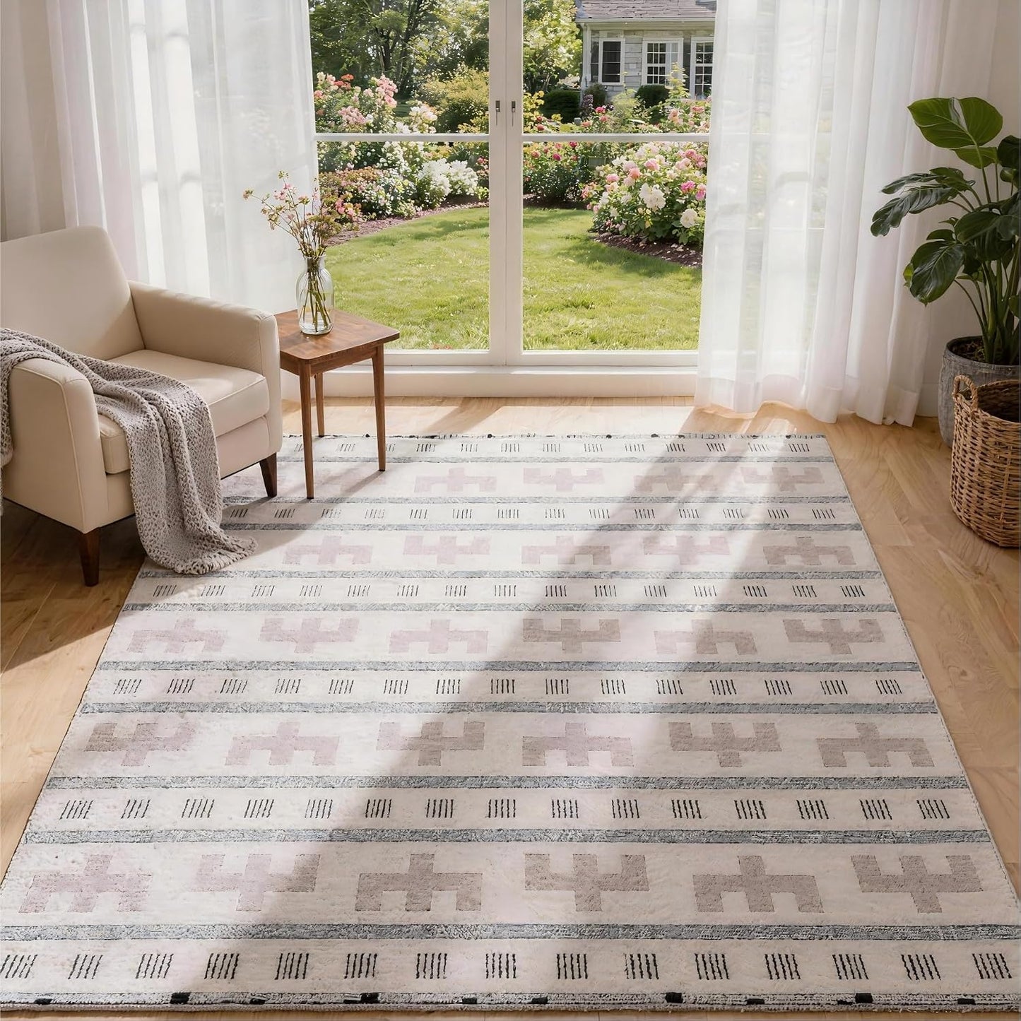 Alfombra geométrica bohemia 5x7ft sala dormitorio comedor beige
