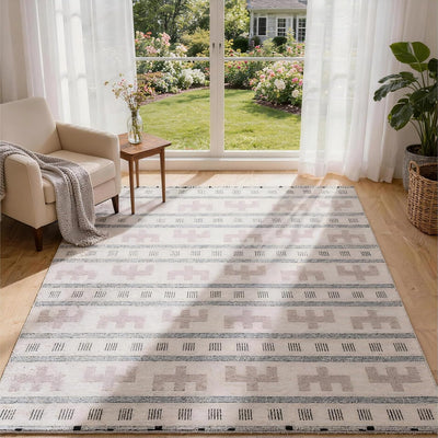 Alfombra geométrica bohemia 5x7ft sala dormitorio comedor beige