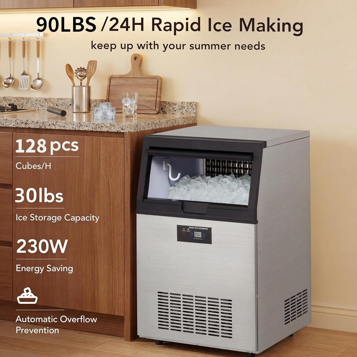 Máquina de hielo comercial de acero inoxidable con capacidad de 80 lbs/24h y almacenamiento de 33 lbs