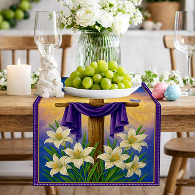 Camino de mesa religioso de Pascua 13 x 72 pulgadas tela morada cruz lirio