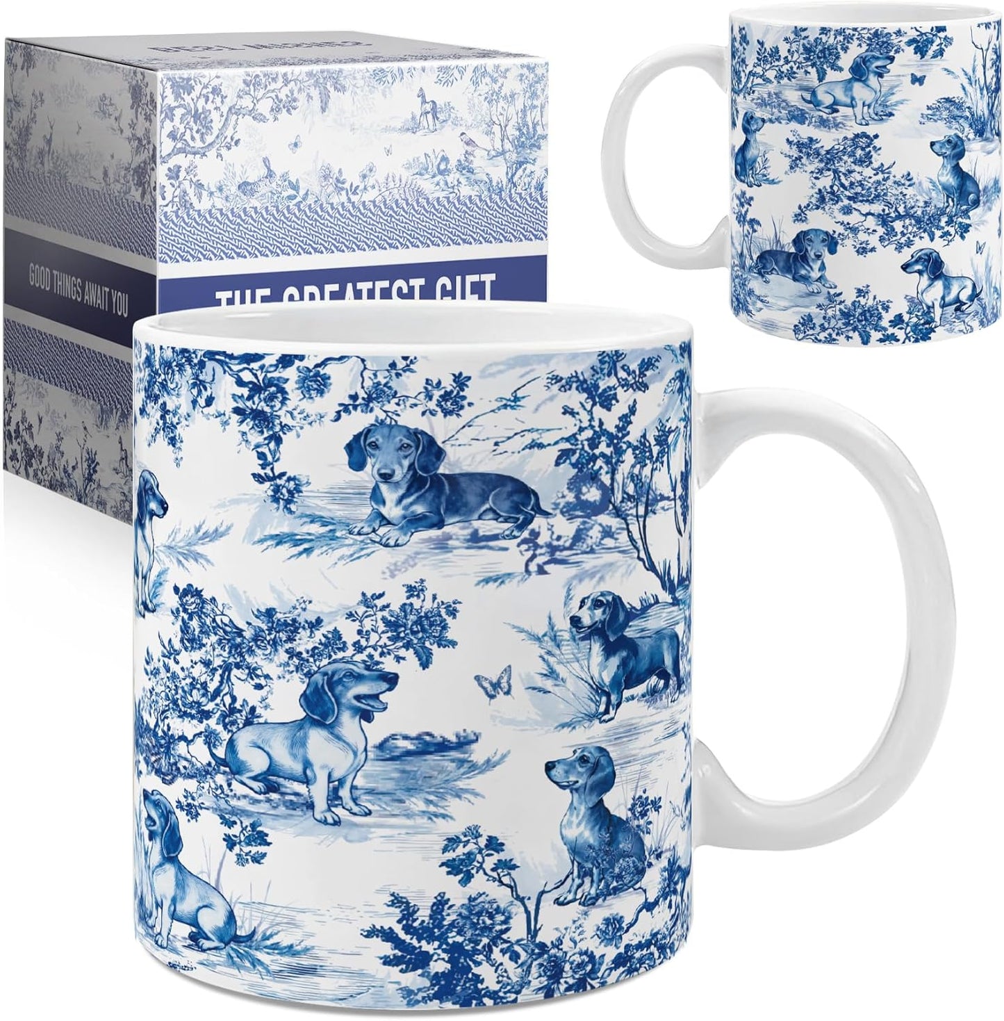 Taza de café azul Toile para mamá Doxie Dachshund French