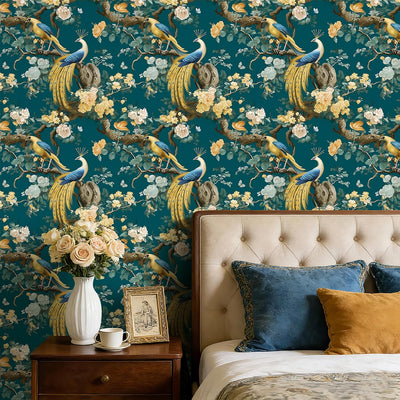 Papel tapiz chinoiserie floral verde azulado 17.7x10pies
