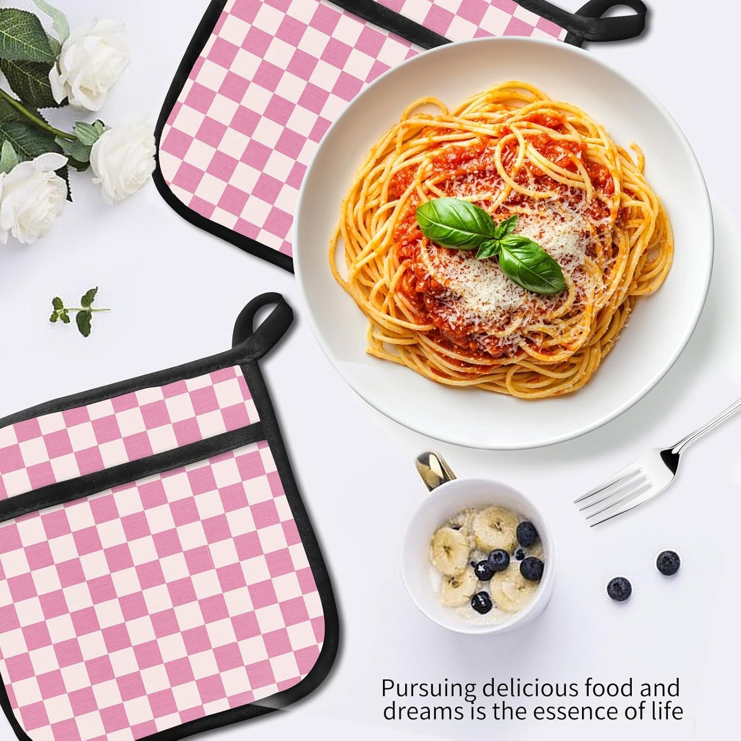 Set 2 fundas para horno de cocina con cuadros rosa