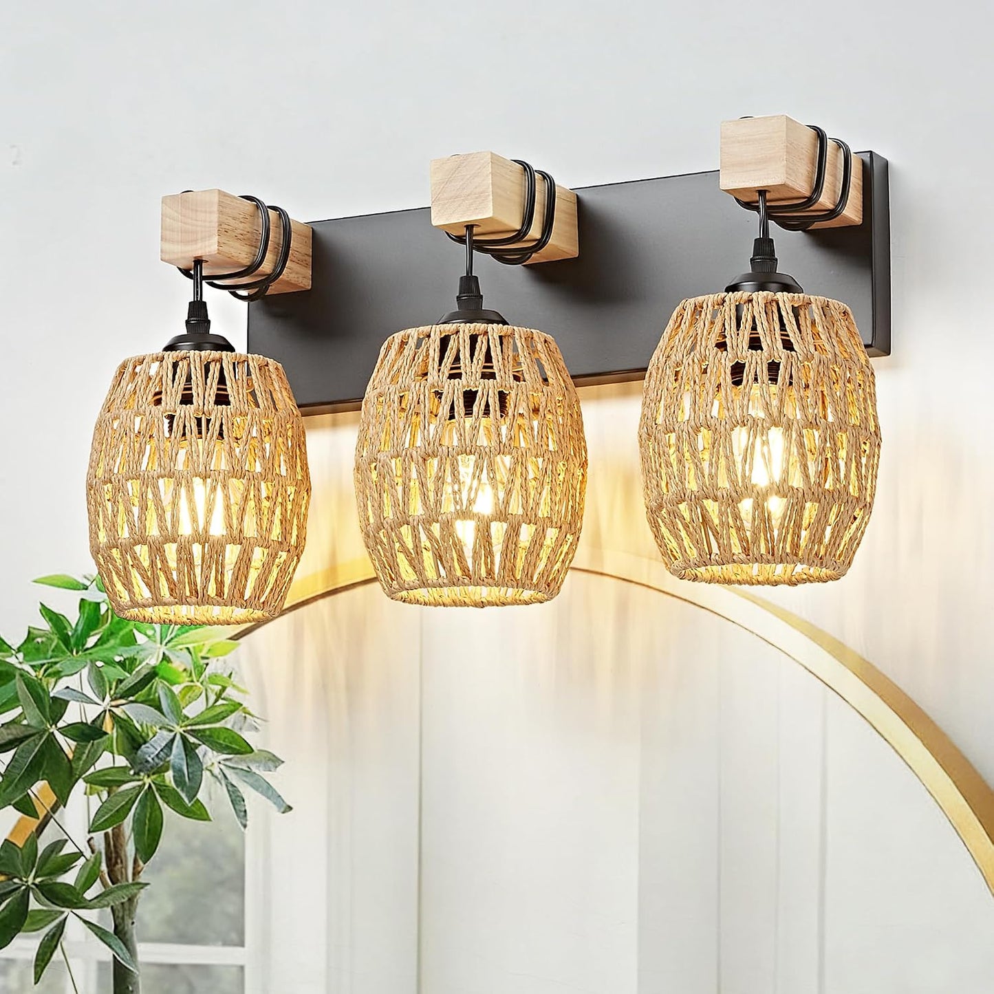 Lámpara tocador 3 luces mimbre ratán bohemio madera negra