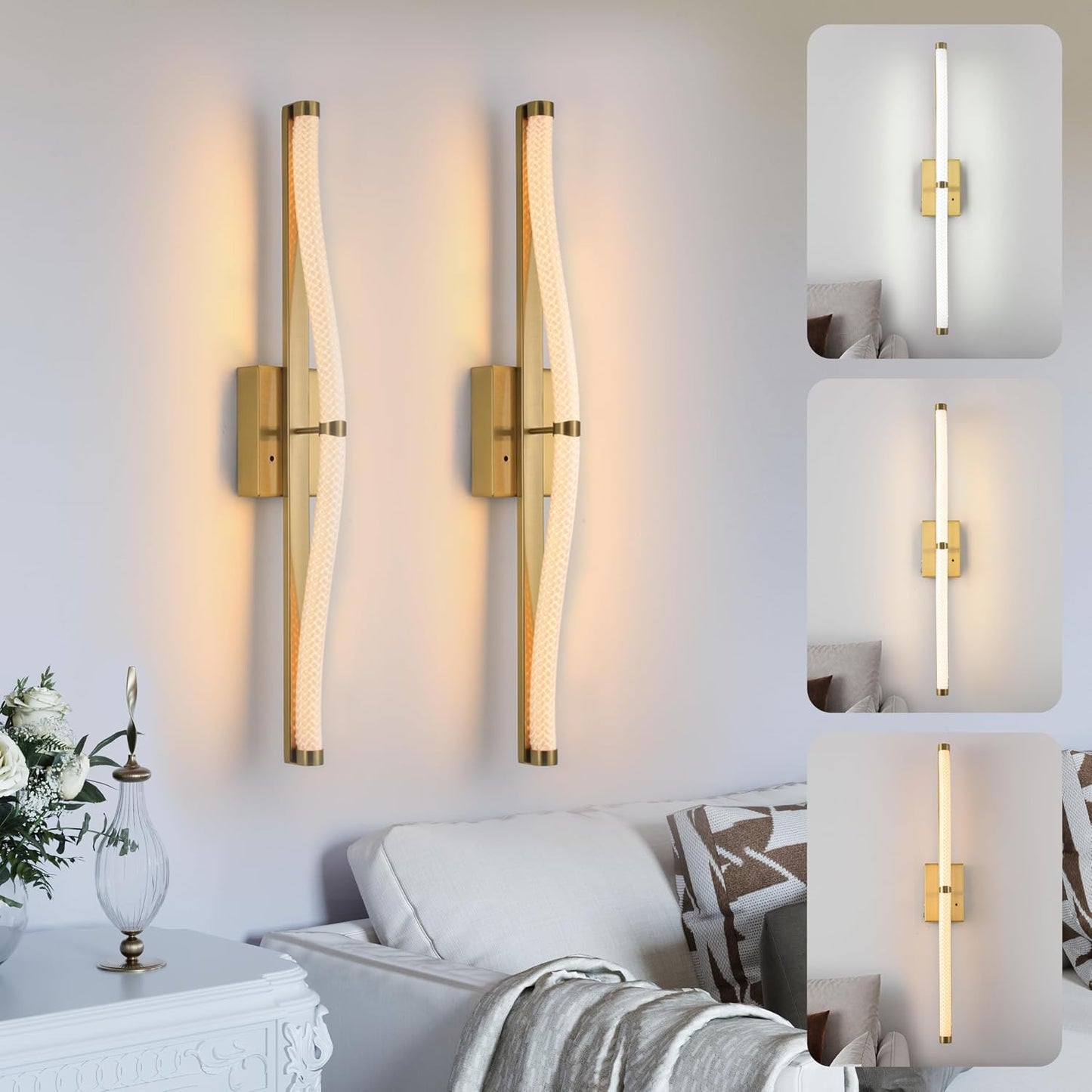 2 Apliques Pared Dorados Inalámbricos Control Remoto 3 Colores