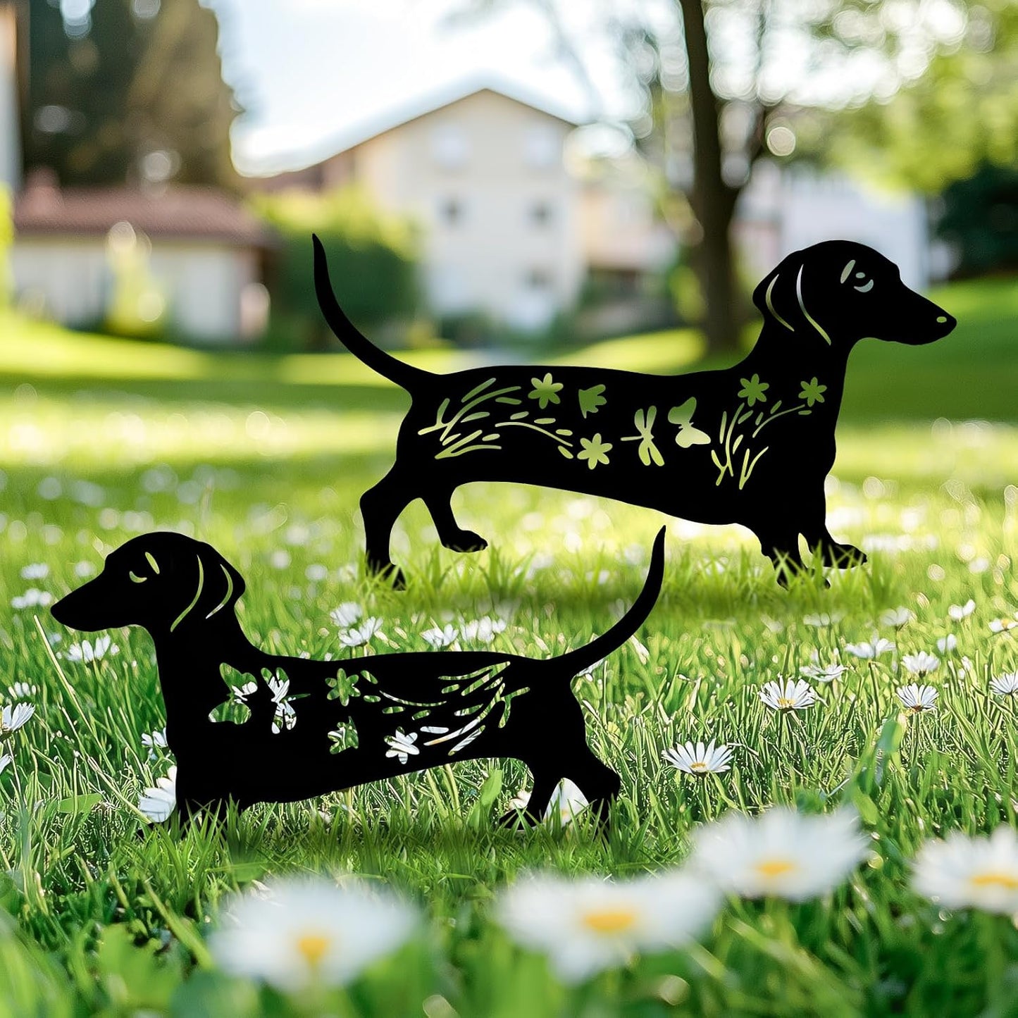 Estatua perro salchicha metal repelente pájaros exterior