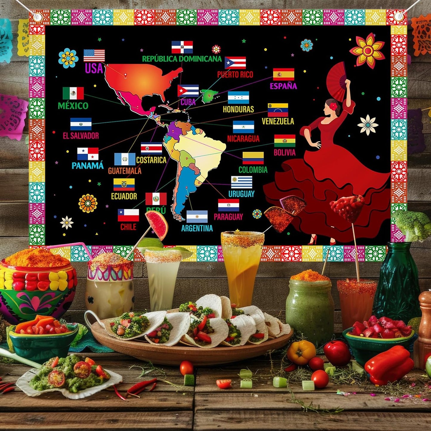 Decoraciones mes herencia hispana pancarta América Latina aula