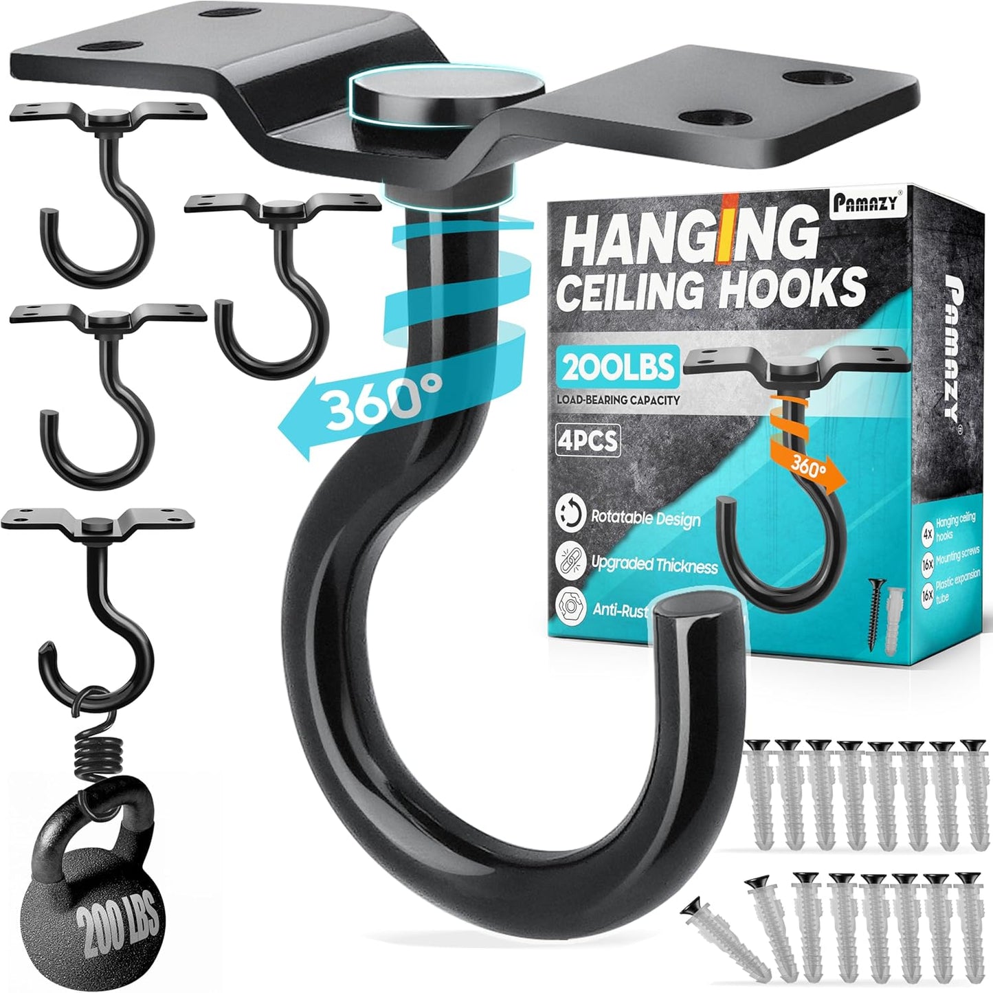 Ganchos techo giratorios 200lb base 4 puntos metal negro