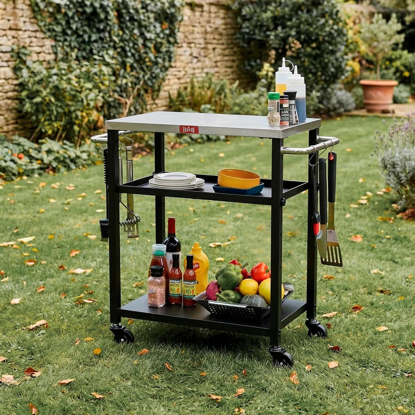 Carrito parrilla exterior con 3 estantes y ruedas