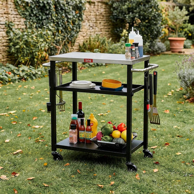 Carrito parrilla exterior con 3 estantes y ruedas