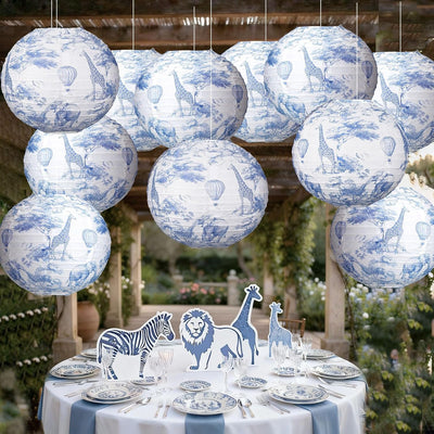 12 Linternas Papel Safari Azul 10pulg Decoración Fiesta