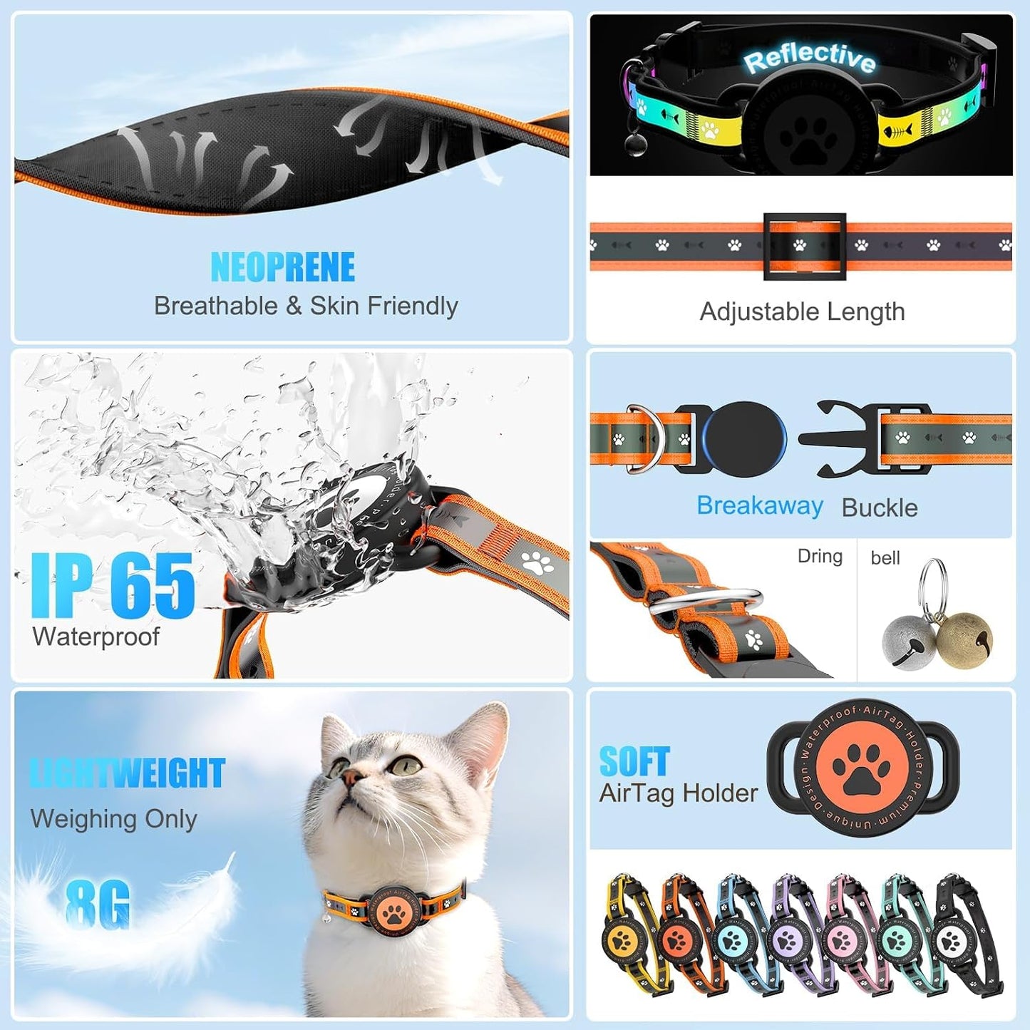 Collar gato reflectante con AirTag ajustable naranja