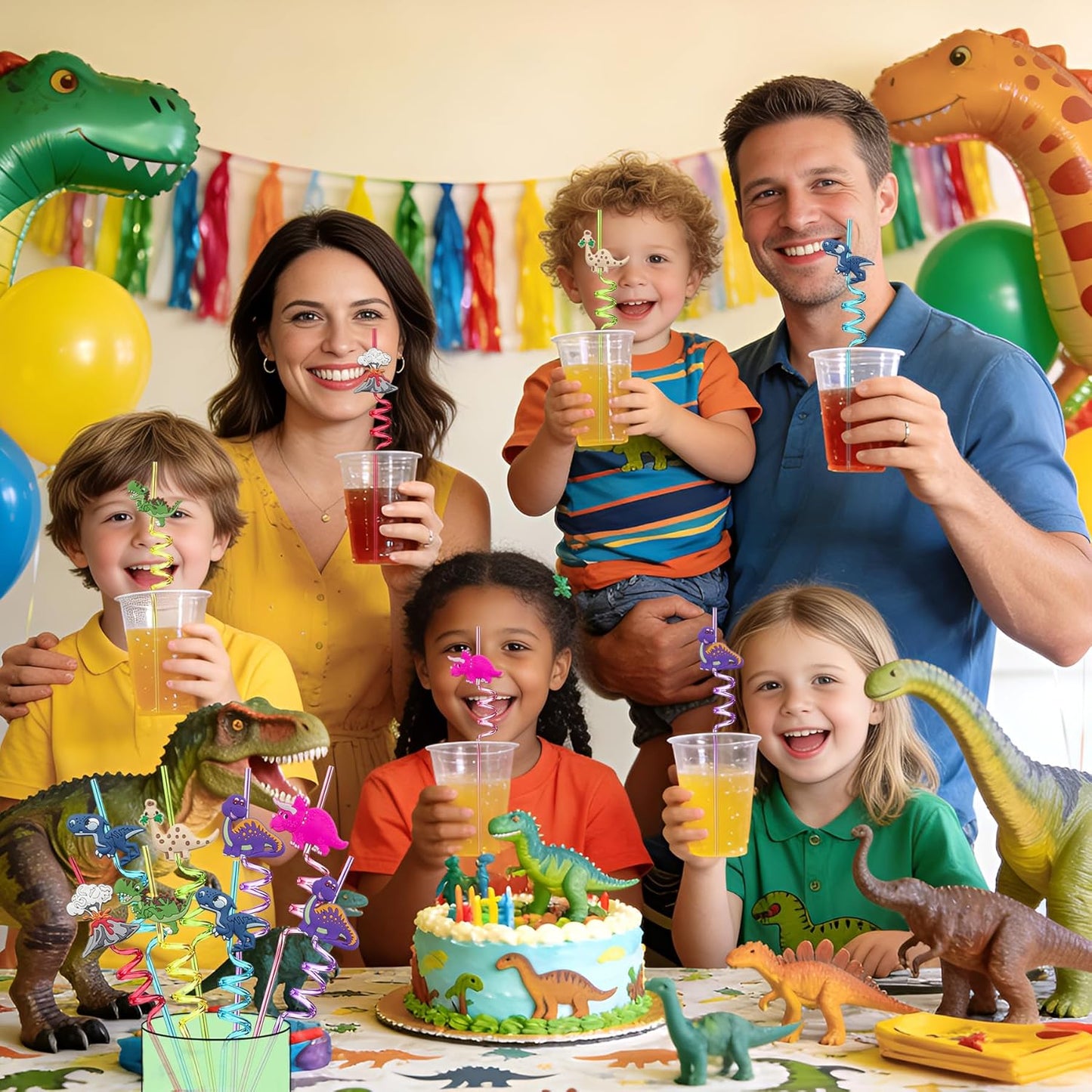 Popotes de plástico reutilizables para fiesta de cumpleaños de dinosaurio 24 unidades
