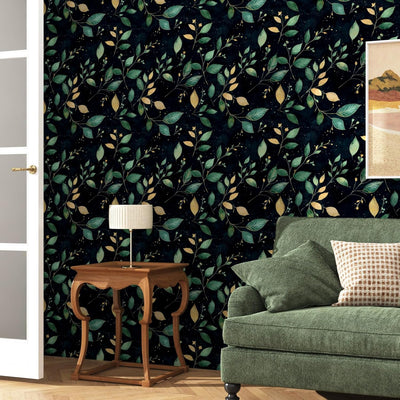Papel tapiz hojas verde/doradas autoadhesivo baño cocina