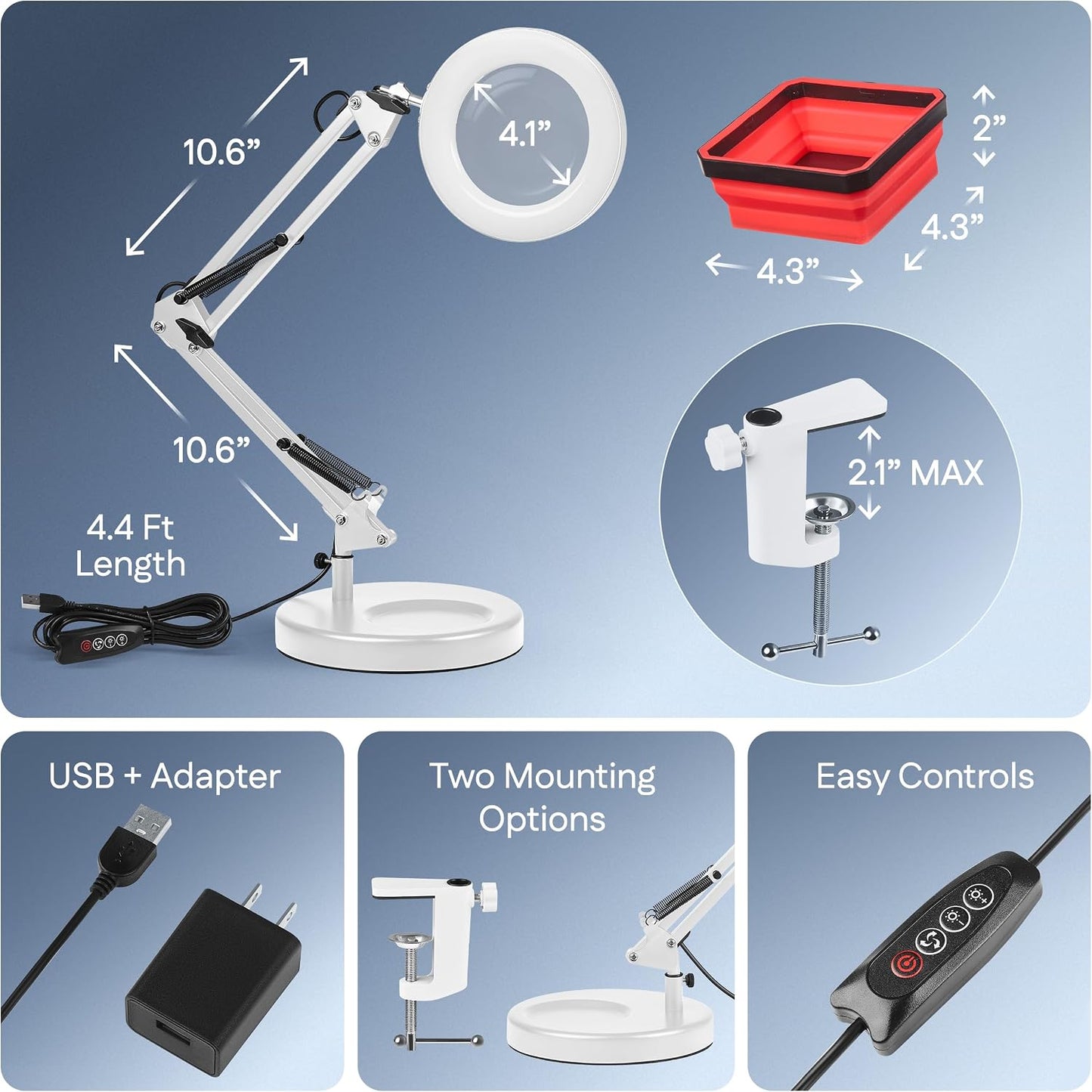 Lámpara aumento 10X con luz 5 modos USB soporte magnético