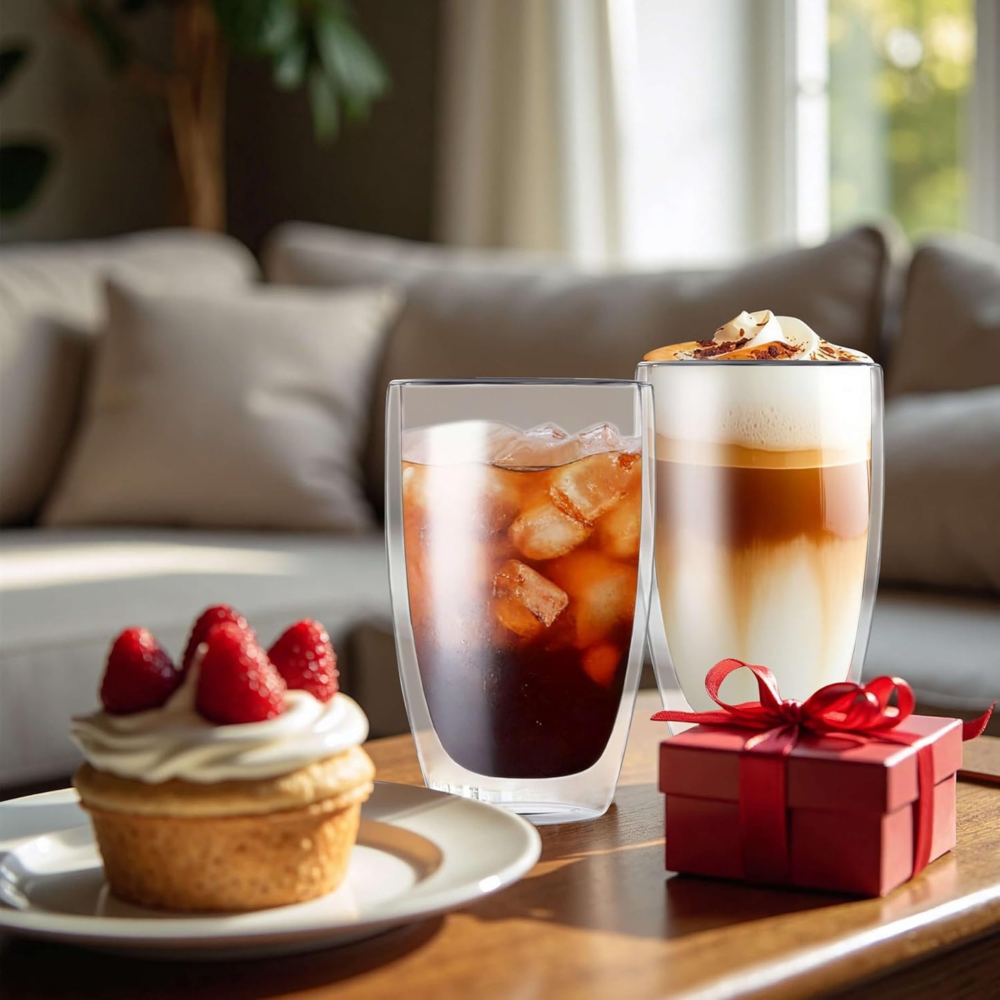 Taza de café de vidrio doble pared 17 oz con infusor y tapa