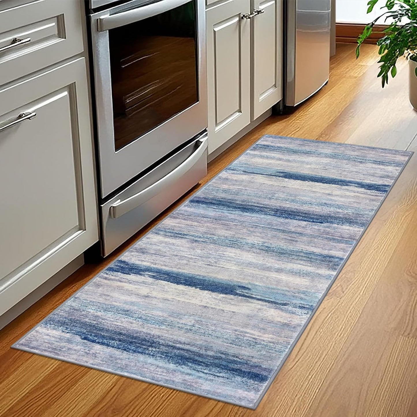 Alfombra pasillo 2x5ft antideslizante suave rayas azul/gris/beige