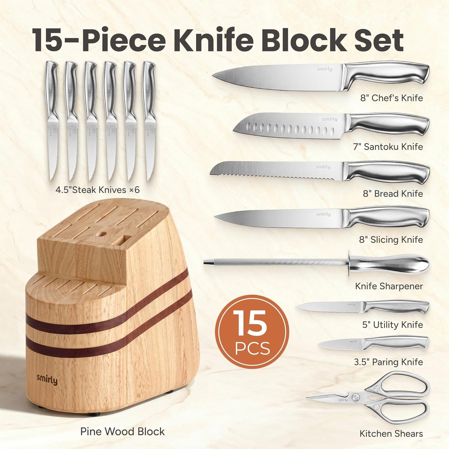Set 15 Cuchillos Acero Inox Bloque Madera Afilador