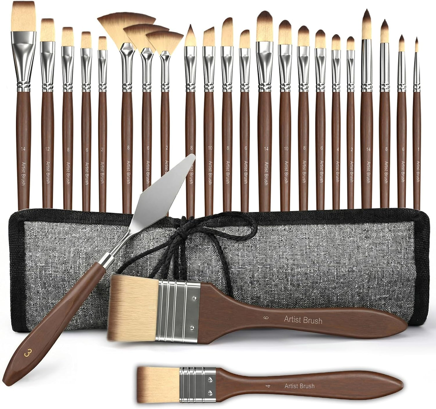 Set 25 Pinceles Acrílicos con Cuchillo Paleta y Rollo Lienzo
