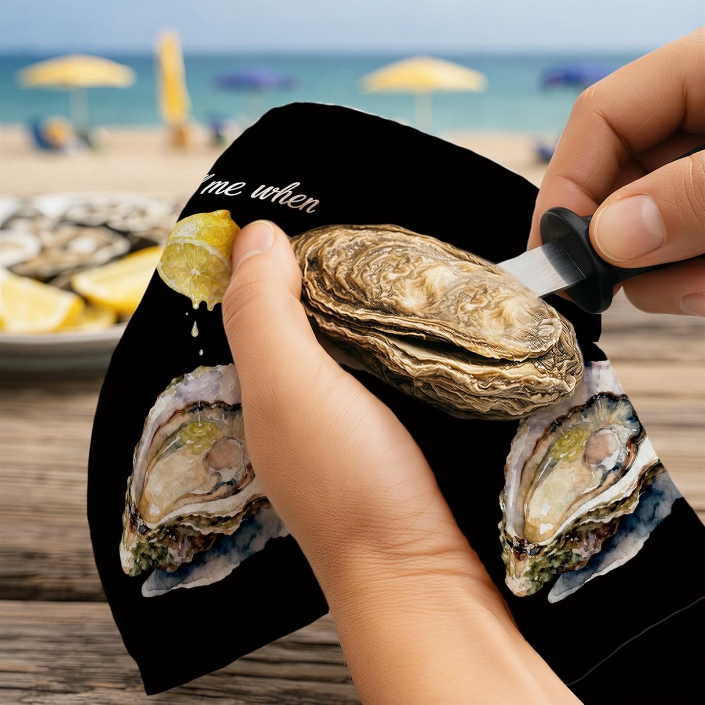 Toalla de mano de cocina divertida con ostras y limón, regalo mariscos decoración náutica