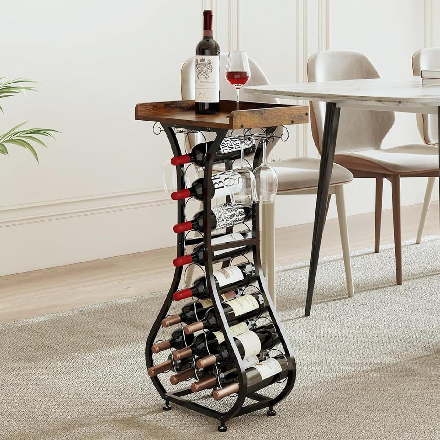 Estante vino piso 14 botellas soporte copas madera