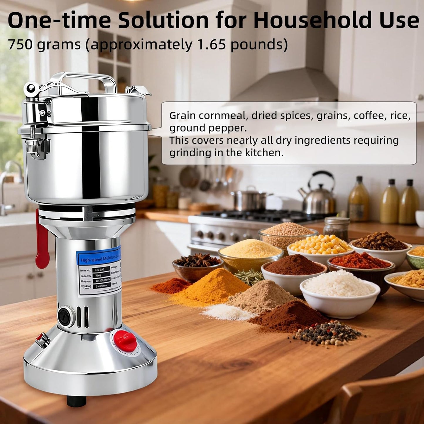 Molinillo Grano Acero Inox 26.46oz 2000W para Harina