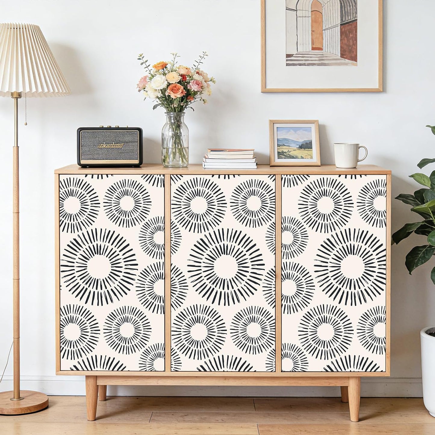 Papel tapiz geométrico negro beige círculo despegable
