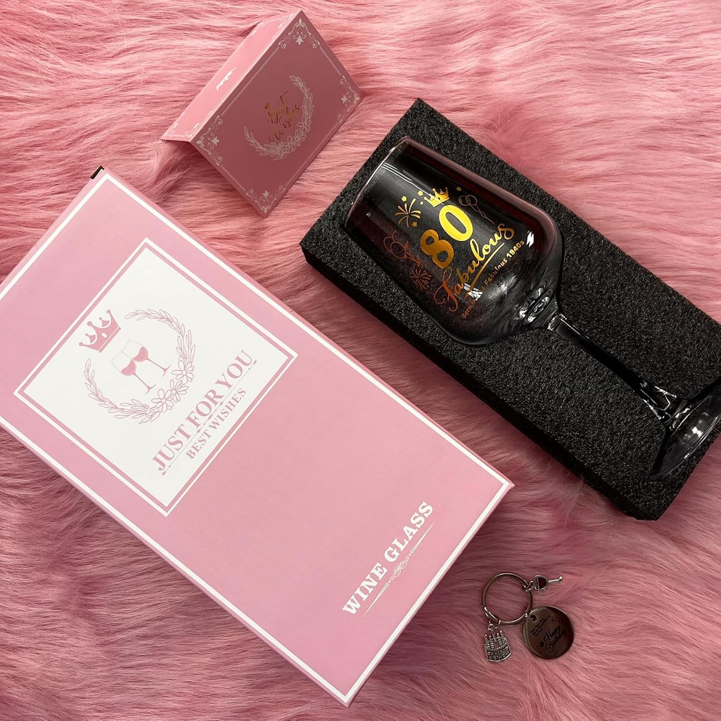 Copa vino cumpleaños 80 mujer set regalo con bolsa llavero