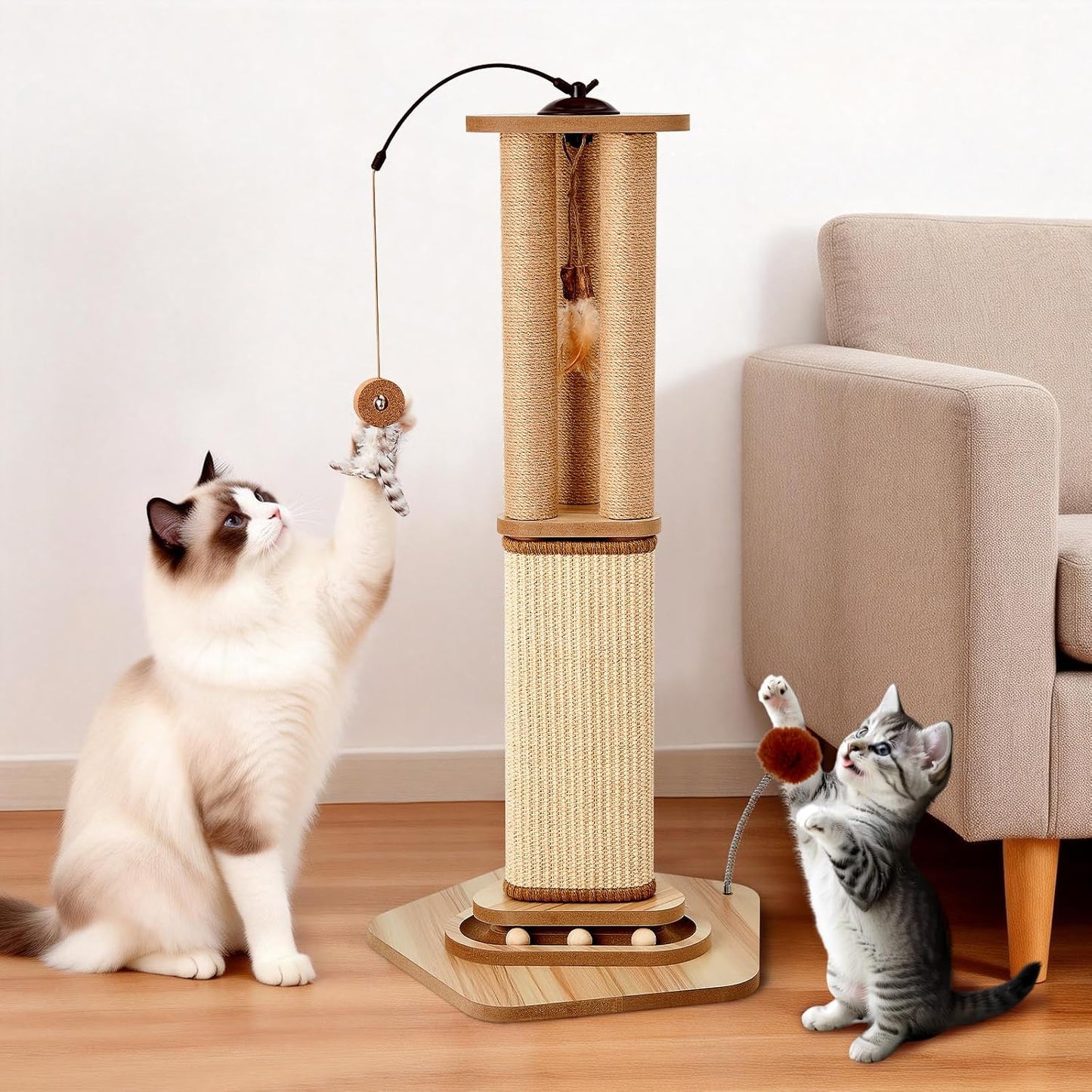 Poste rascador gato 34pulg sisal natural con juguetes interactivos