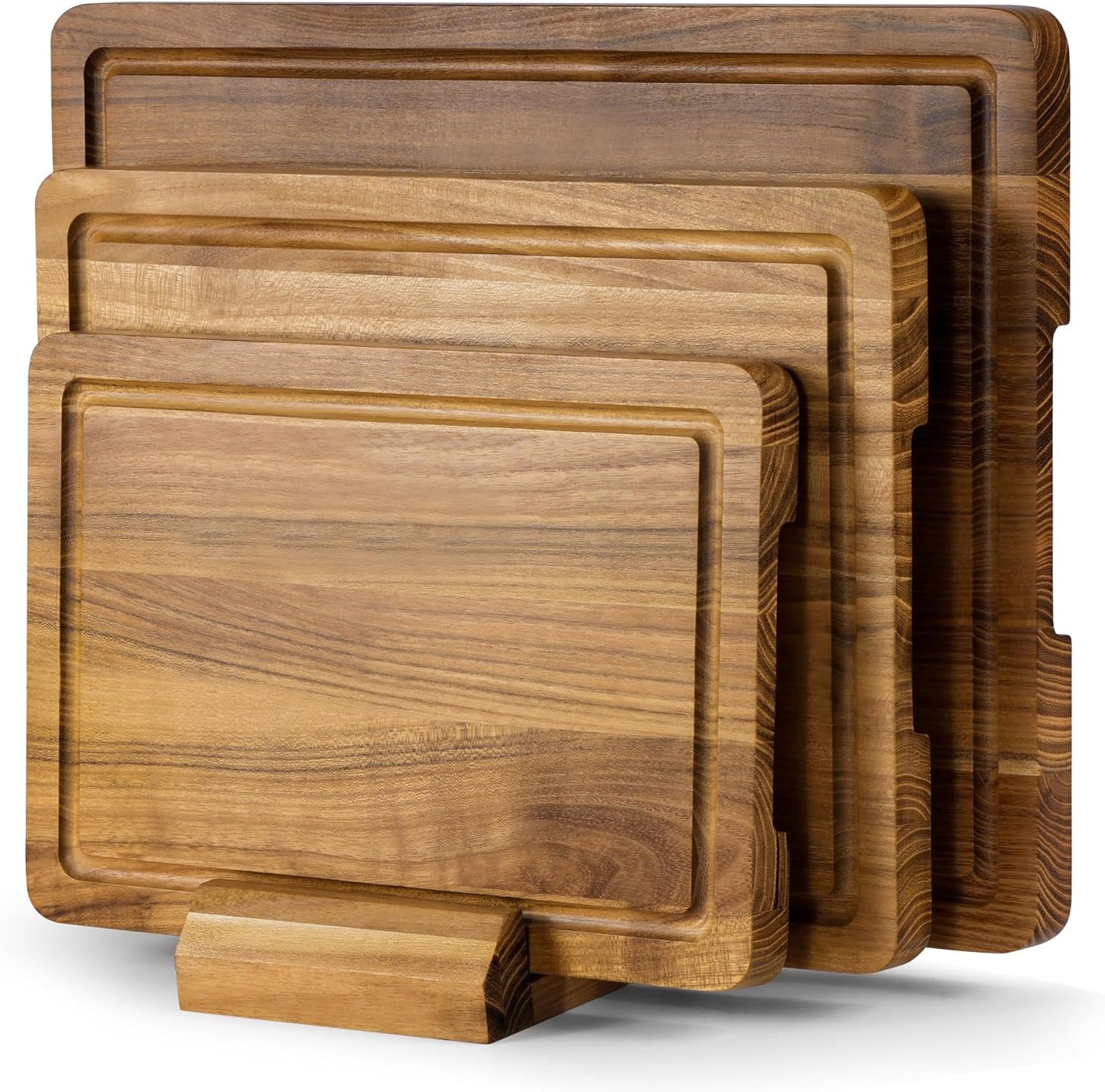 Set 3 Tablas Cortar Teca con Soporte Ranura Jugos