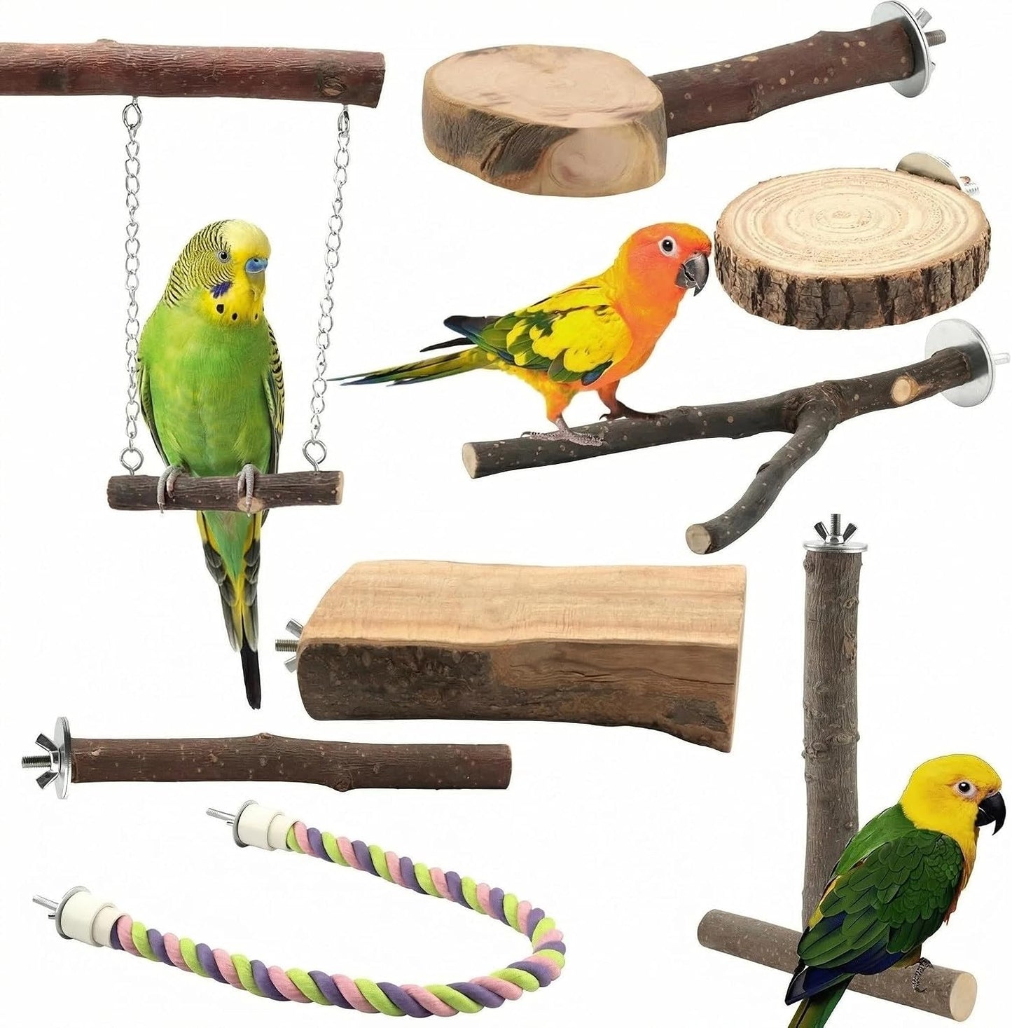 8 Perchas Madera Natural para Pájaros Juguete Masticar