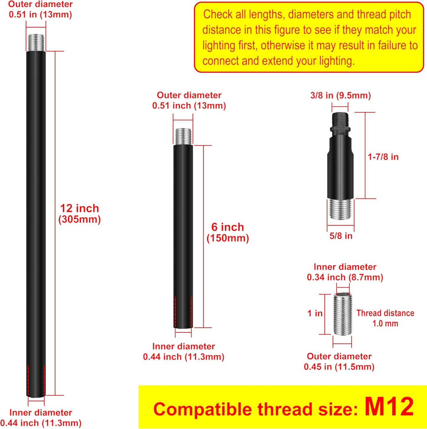 Postes extensión roscados M12 para lámpara colgante negro
