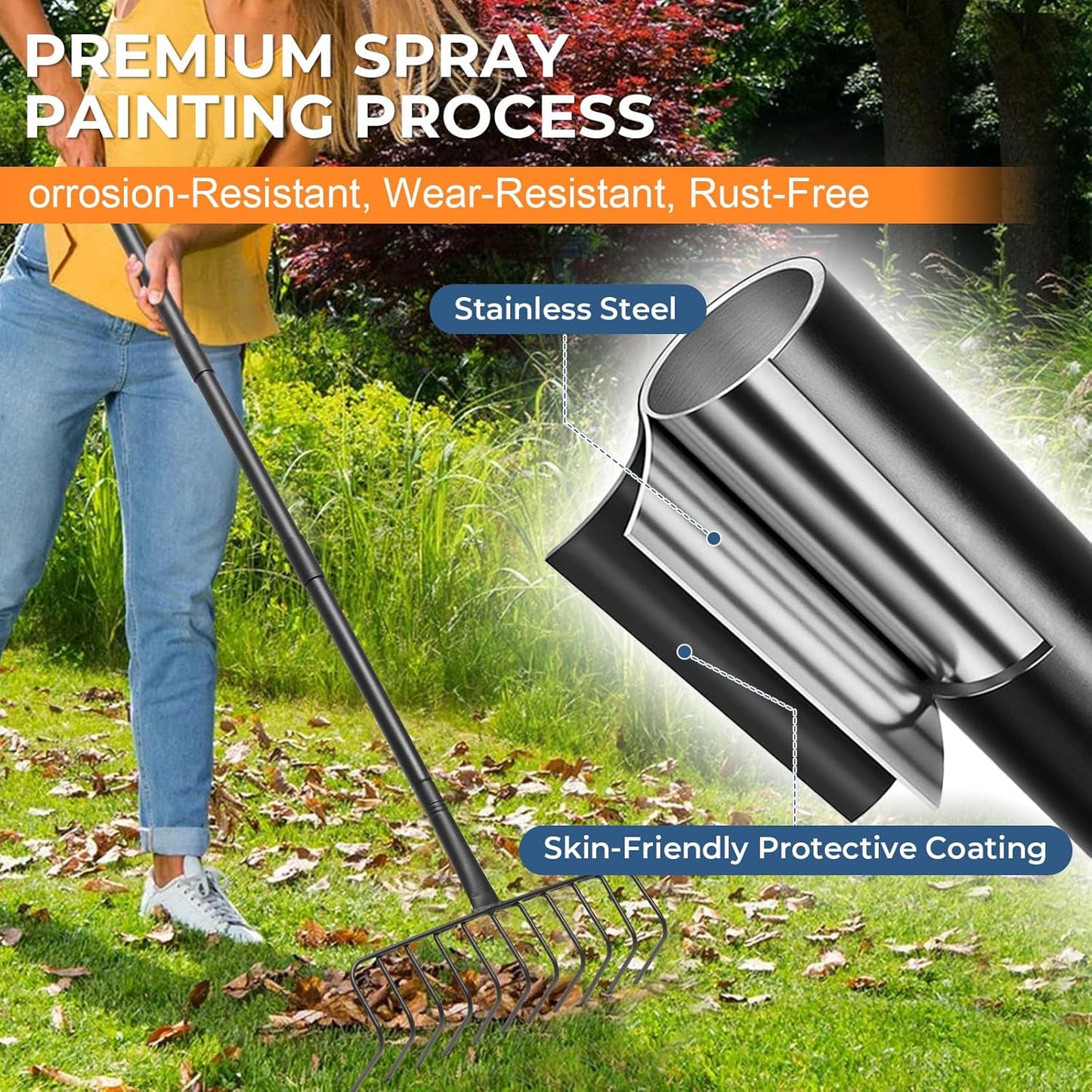Rastrillo jardín metal resistente 16pulg mango 56pulg 11 púas acero