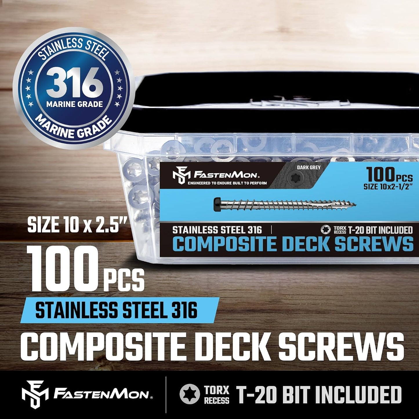 Tornillos cubierta acero inox 316 #10x2.5pulg 100uds