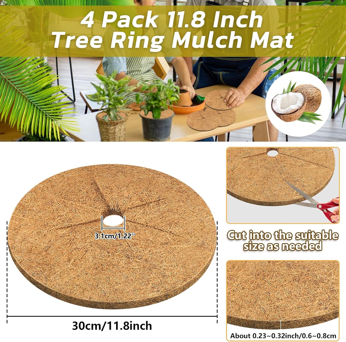 4 Alfombrillas Fibra Coco 11.8pulg Anillo Protección Natural