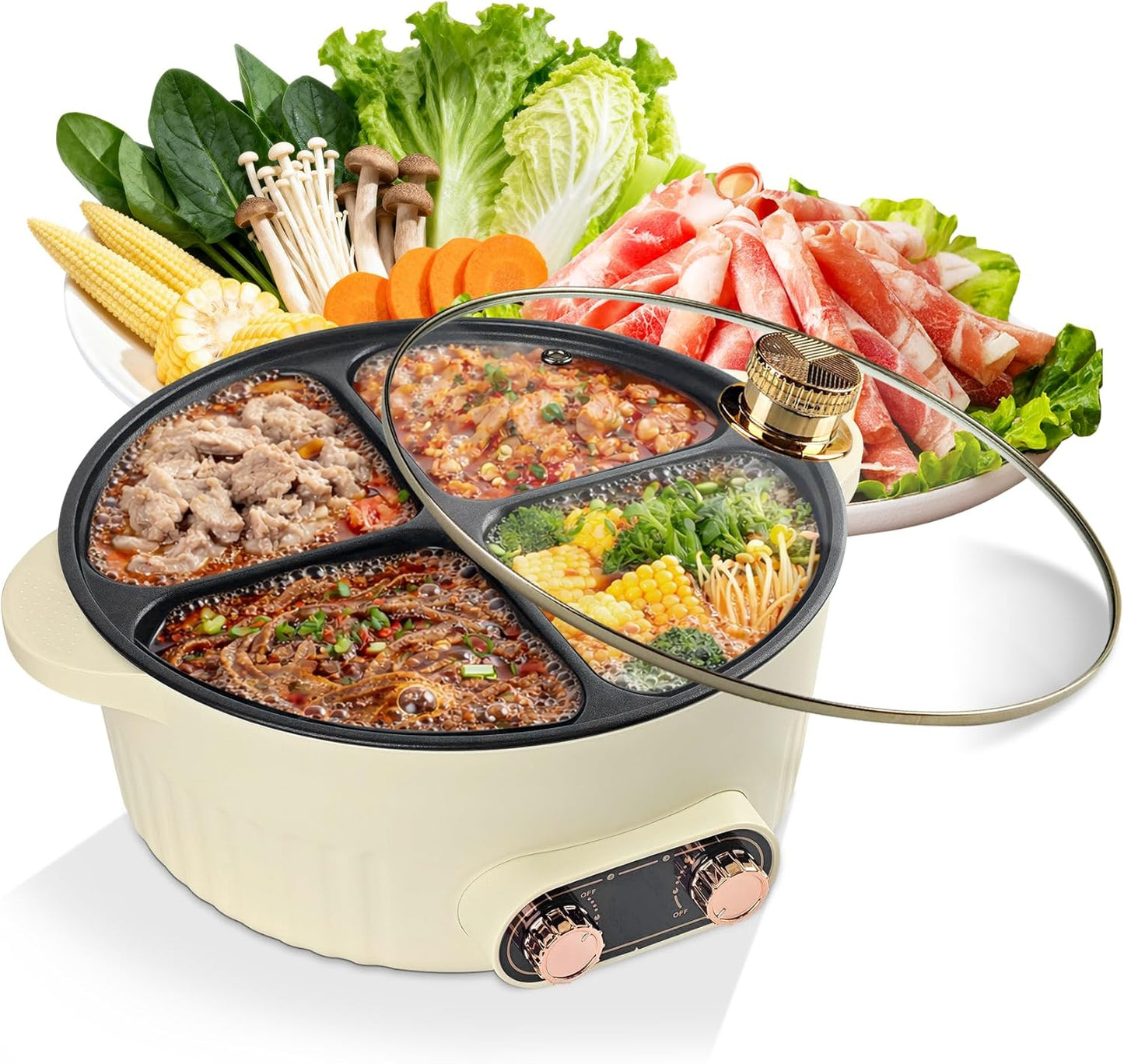 Olla eléctrica Shabu Shabu de 4 compartimentos con calentamiento rápido
