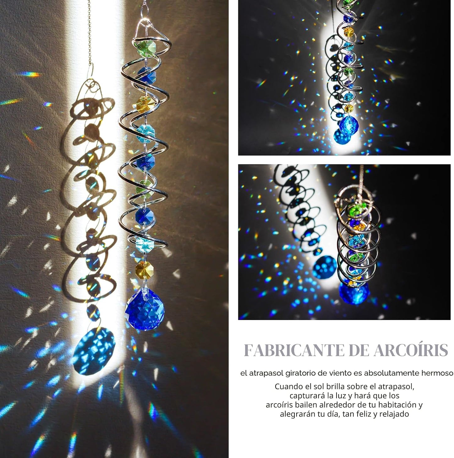 Cola esfera giratoria 20.5pulg arcoíris doble espiral cristal azul
