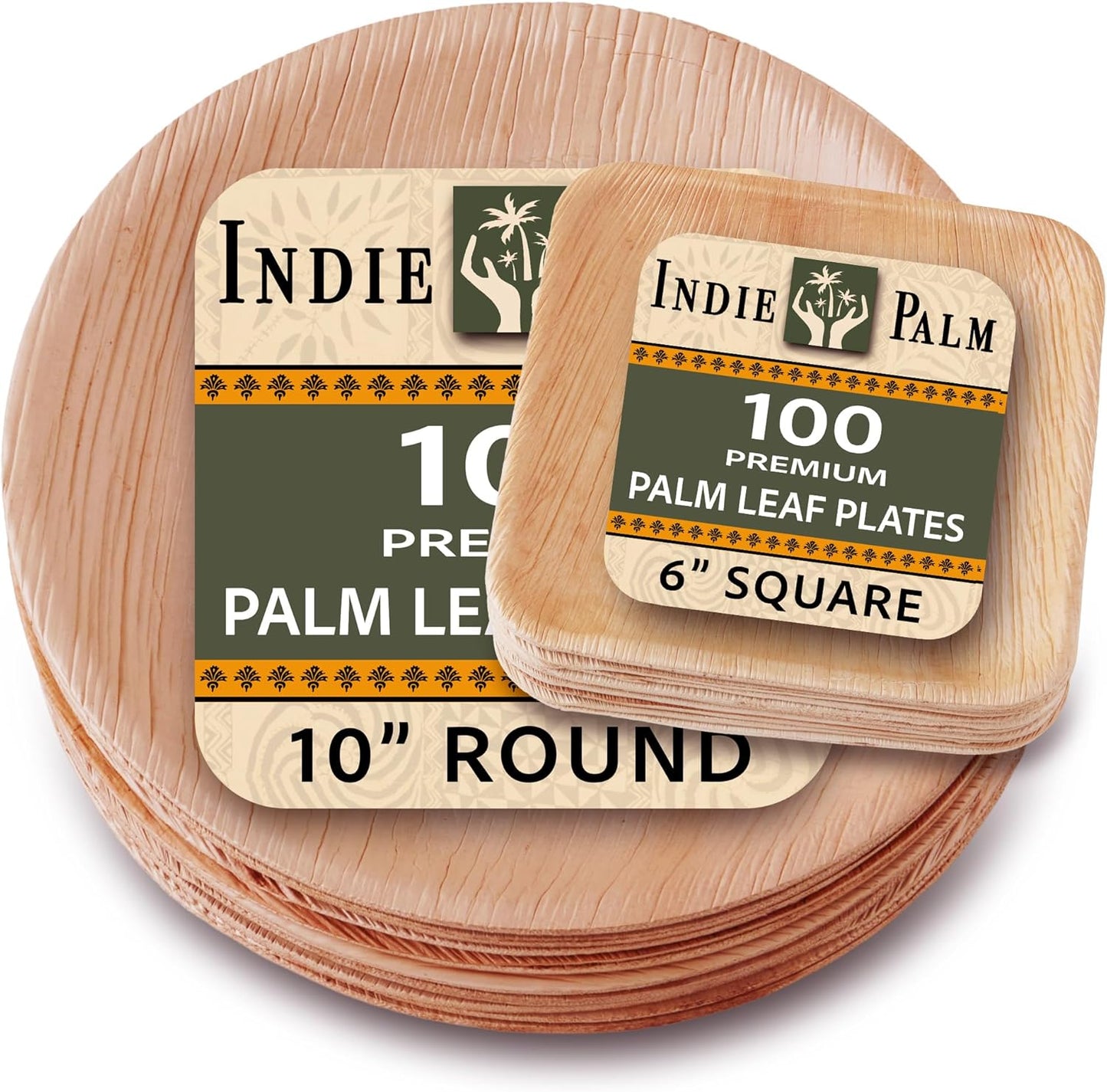 Platos hoja palma redondos 10pulg cuadrados 6pulg set 100