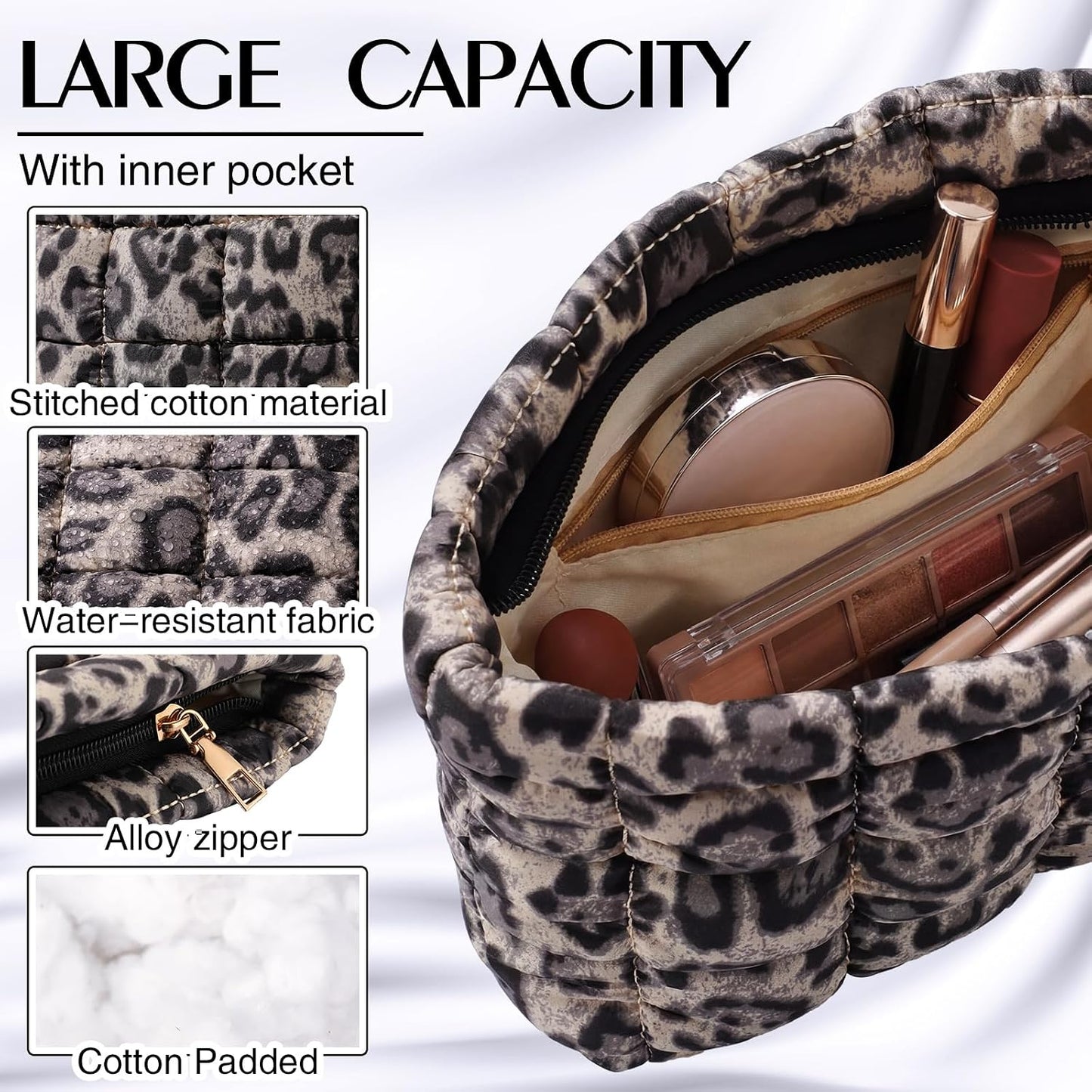 Bolsa maquillaje acolchada estampado leopardo marrón regalo mujer