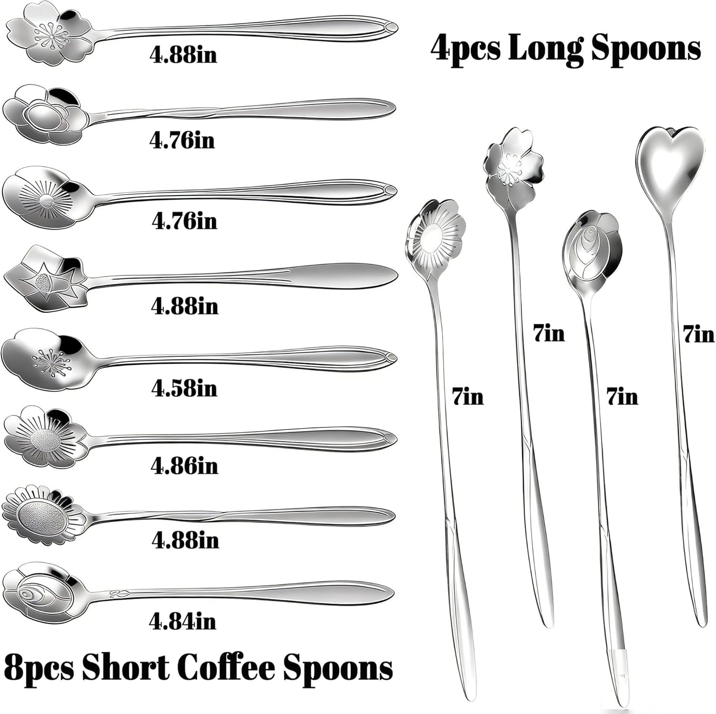 Juego de 12 cucharas de té con flores de acero inoxidable para postres