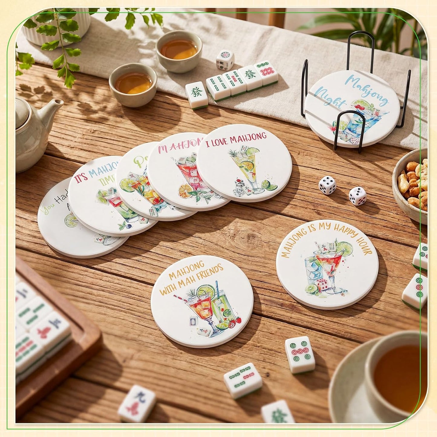 Juego de 8 cojines para bebidas cerámicos con soporte Mahjong Patelai para cocina y salón