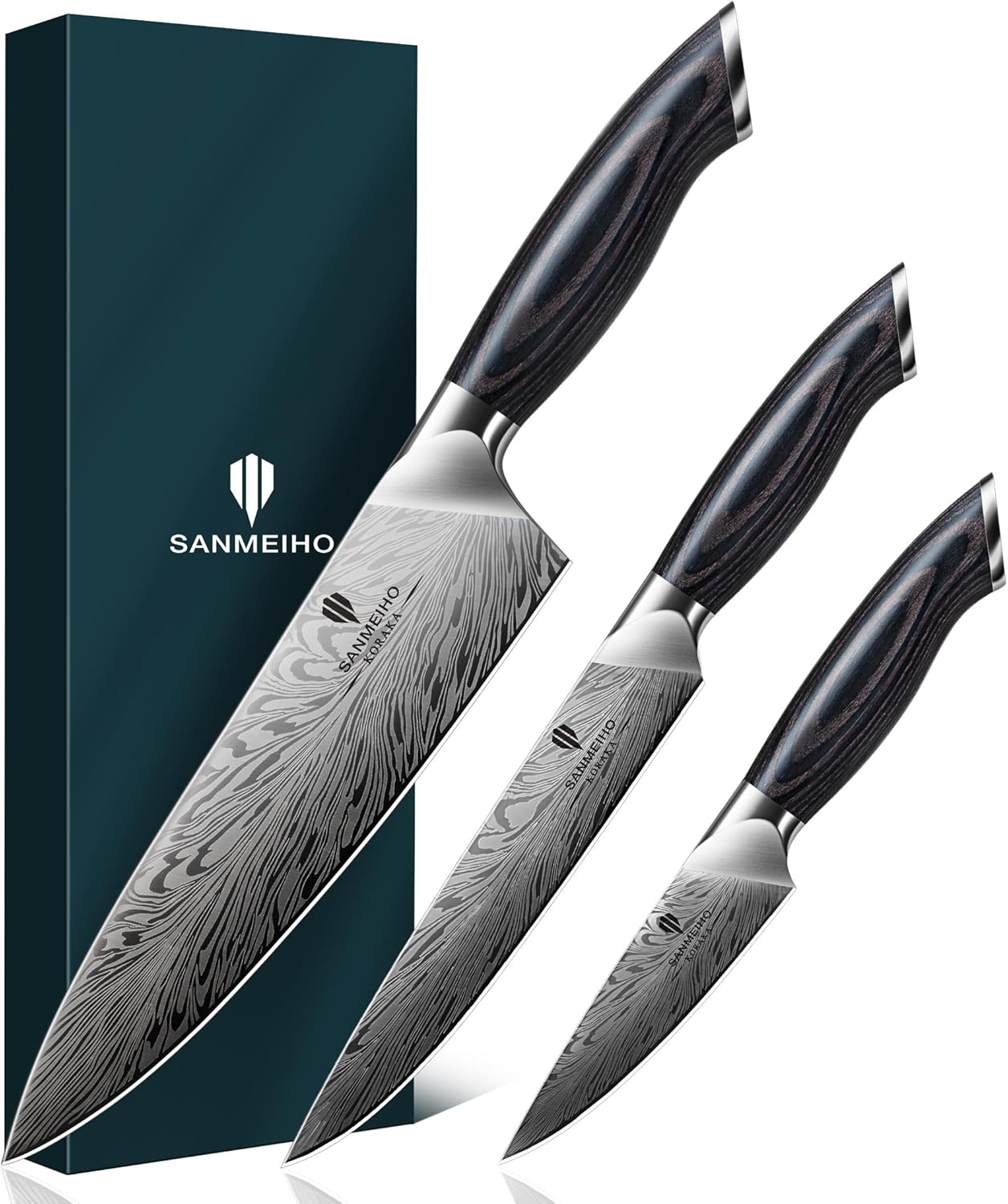 Set 3 Cuchillos Chef Acero Al Carbono con Mango Pakkawood