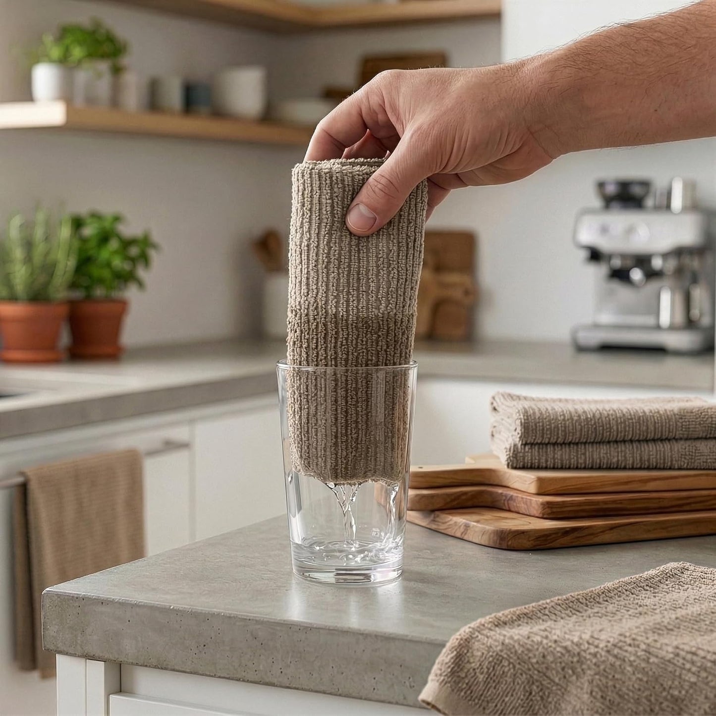 Toallas de cocina grandes de algodón terciopelo absorbentes beige set de 4