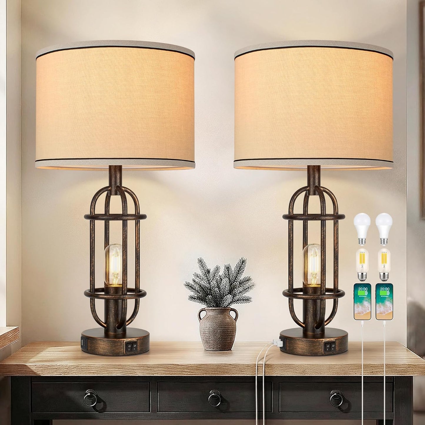 2 Lámparas Mesa Sala Dormitorio Puertos USB Bronce Retro