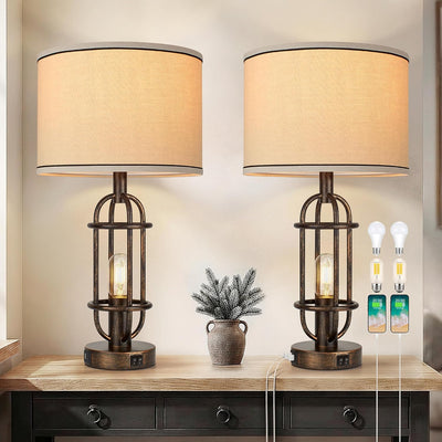 2 Lámparas Mesa Sala Dormitorio Puertos USB Bronce Retro