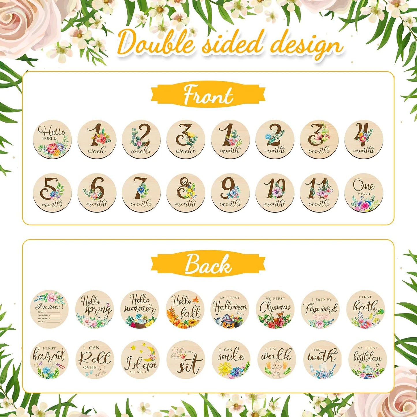 16 Tarjetas Madera Meses Bebé Círculos Doble Cara Baby Shower